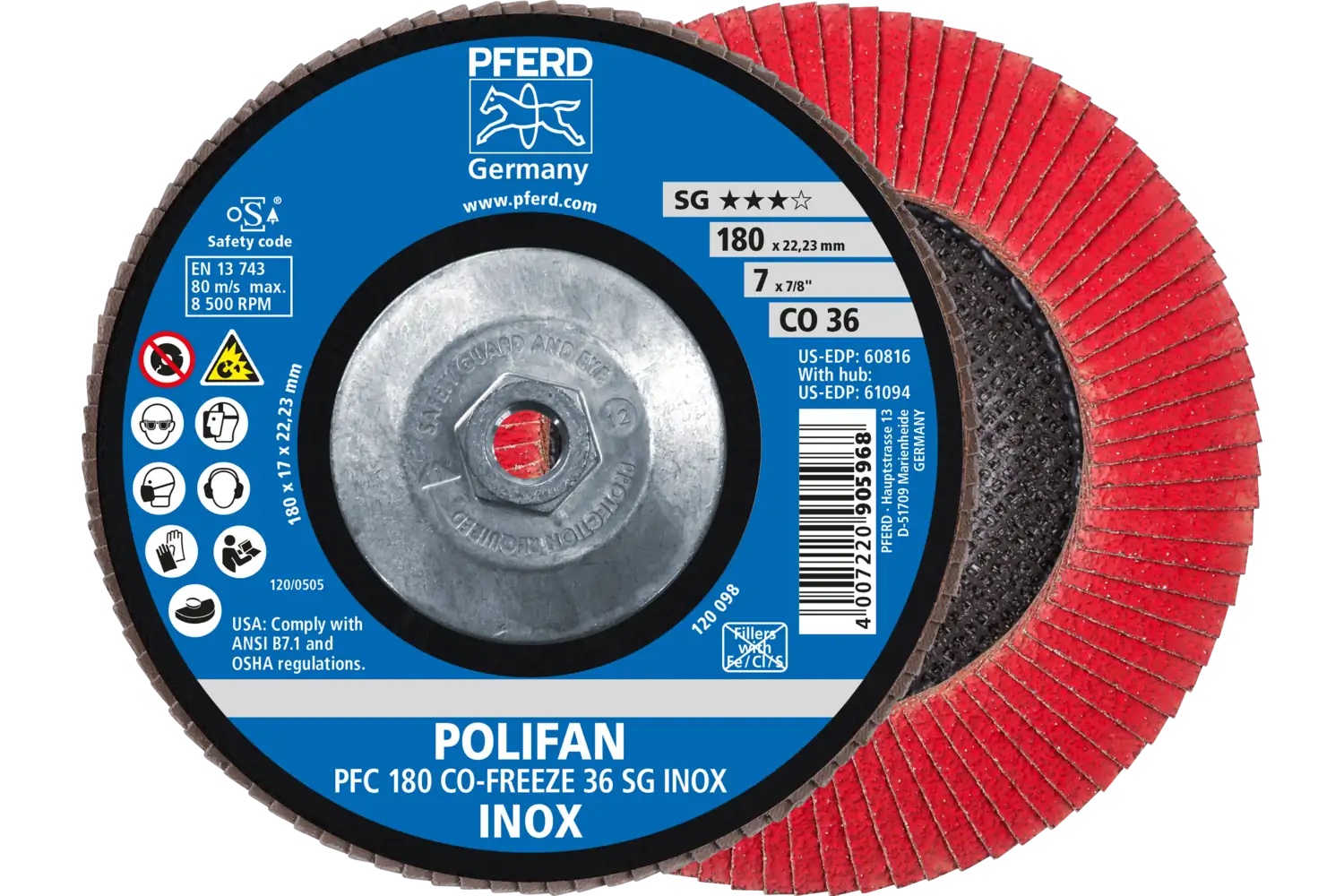 Picture of Pferd Flap Disc, 7" x 5/8-11, CO-Freeze SG Inox, 36 Grit, T29, Conical, Ceramic